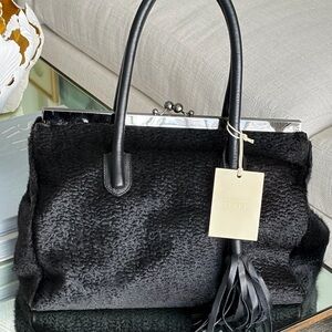 Alberta Di Canio Italian Black Leather and Arcatran Fur Satchel